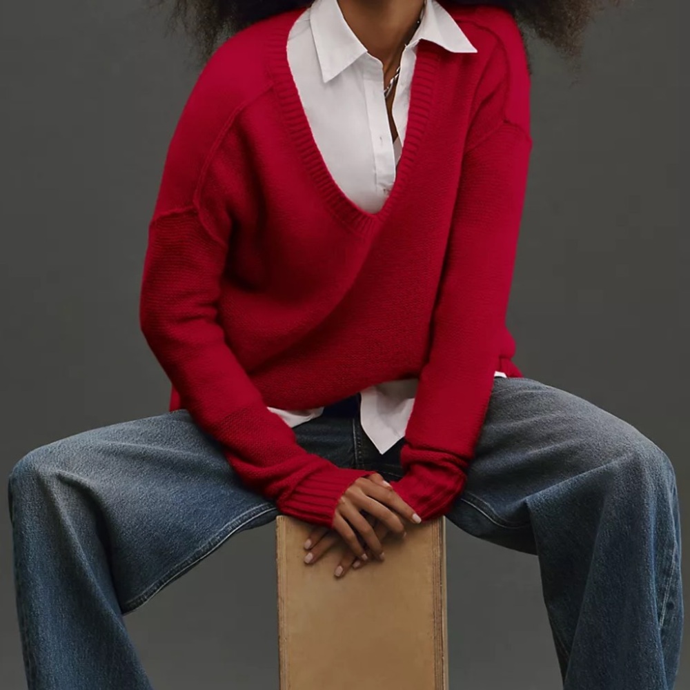 Anthropologie Red V-Neck Sweater
